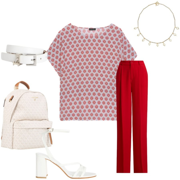 Outfit donna - Total look #2414945. Stile Casual chic per Tutti i giorni. Abbinamento con zaini, sandali in pelle, cinture, t-shirt, collane, pantaloni.