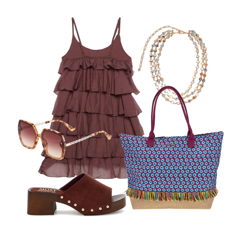 Outfit donna - Giugno. Stile Trendy per Tutti i giorni. Abbinamento con occhiali da sole, vestiti corti, collane, borse a spalla, sandali col tacco.