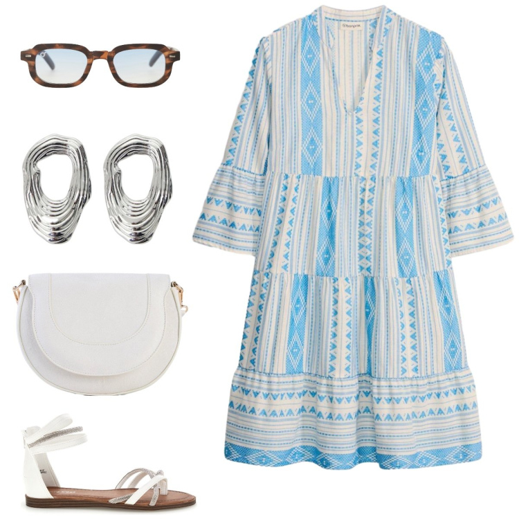 Outfit donna - Total look #2414947. Stile Boho per Tutti i giorni. Abbinamento con vestiti, borse a tracolla, occhiali da sole, orecchini, sandali.
