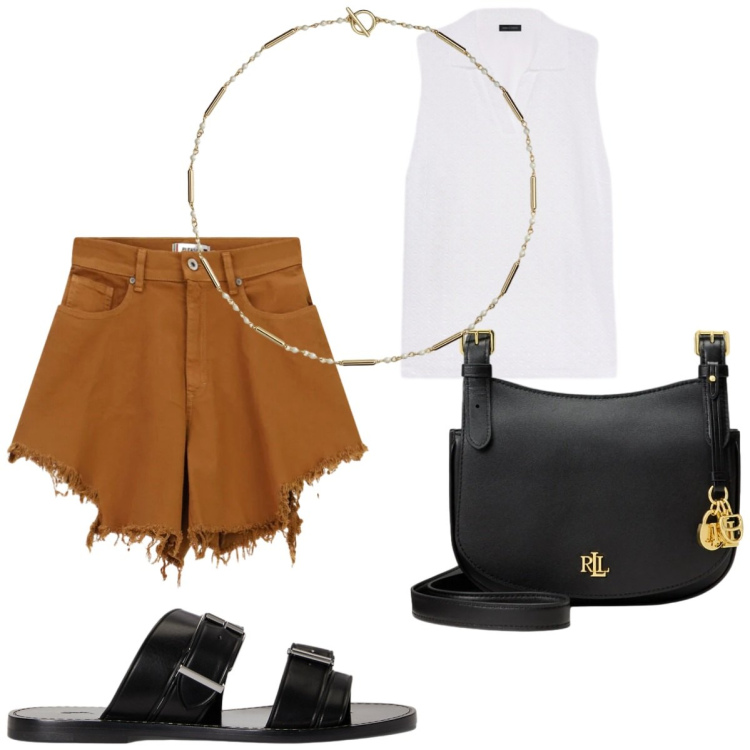 Outfit donna - Sandali neri. Stile Casual chic per Tutti i giorni. Abbinamento con shorts, polo, borse a tracolla, sandali in pelle, collane.