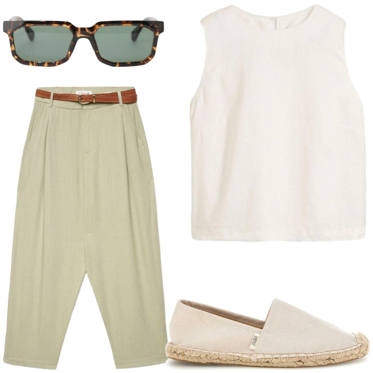 Outfit donna - Comodità per ufficio. Stile Casual chic per Ufficio. Abbinamento con canottiere, pantaloni chino, occhiali da sole, espadrillas.