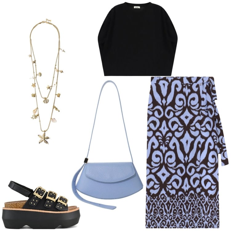 Outfit donna - Total look #2414951. Stile Etnico per Tutti i giorni. Abbinamento con borse a spalla, collane, gonne longuette, top, sandali col tacco.