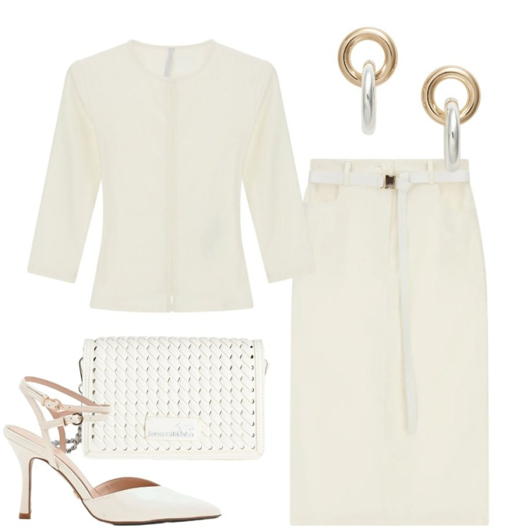 Outfit donna - Total look #2414952. Stile Casual chic per Tutti i giorni. Abbinamento con décolleté, gonne longuette, top, borse a tracolla, orecchini.