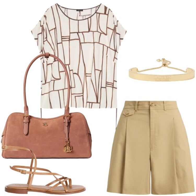 Outfit donna - Total look #2414953. Stile Glamour per Tutti i giorni. Abbinamento con sandali in pelle, t-shirt, bermuda, borse a mano, braccialetti.