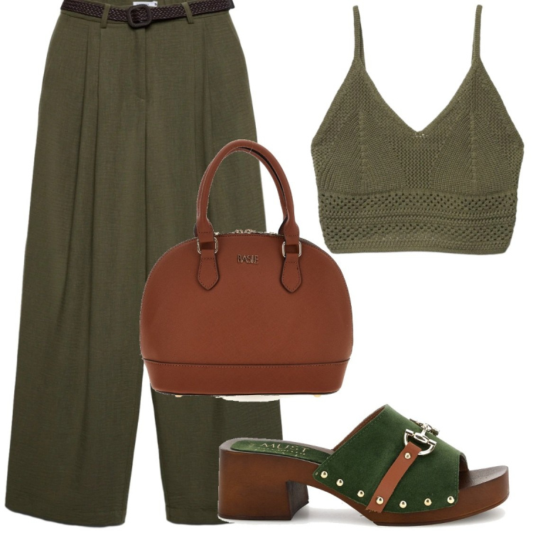 Outfit donna - Verde scuro e cuoio. Stile Chic per Serata fuori. Abbinamento con pantaloni, canottiere, borse a tracolla, sandali in pelle.