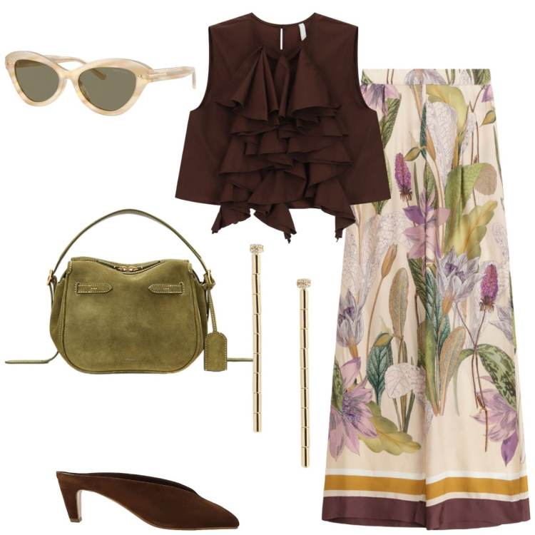 Outfit donna - Total look #2414956. Stile Casual chic per Tutti i giorni. Abbinamento con canottiere, pantaloni a palazzo, sabot, borse a mano, occhiali da sole, orecchini.