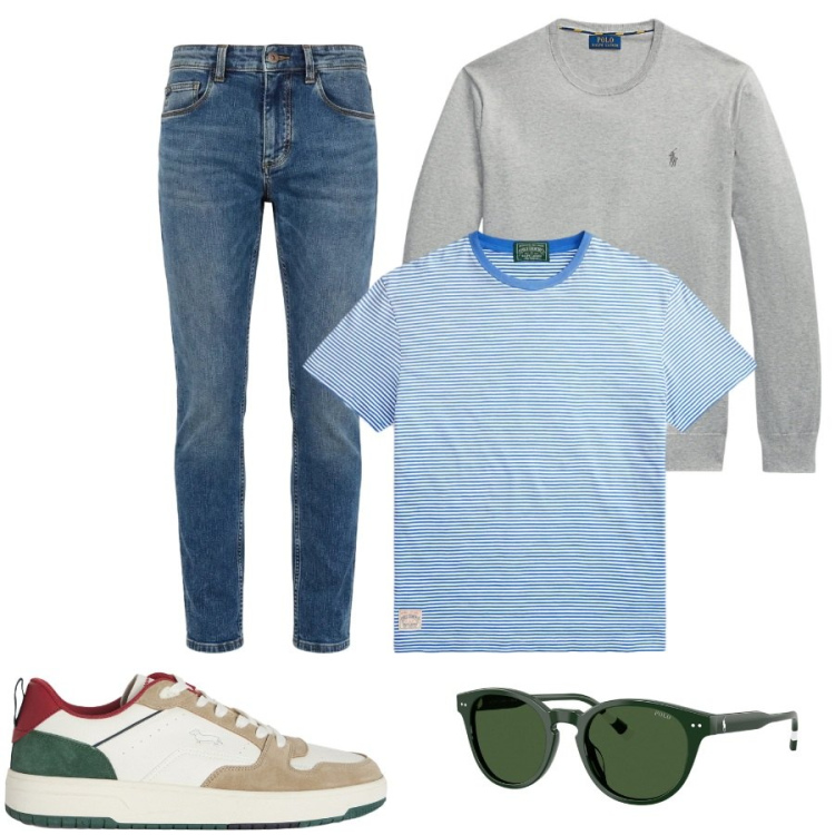 Outfit uomo - Total look #2414958. Stile Trendy per Tutti i giorni. Abbinamento con sneakers, jeans slim fit, maglieria, t-shirt, occhiali da sole.