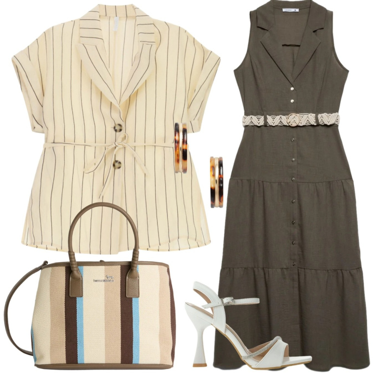 Outfit donna - Princess holiday. Stile Sporty chic per Mare. Abbinamento con vestiti chemisier, sandali gioiello, blazer, shopping bag, orecchini.