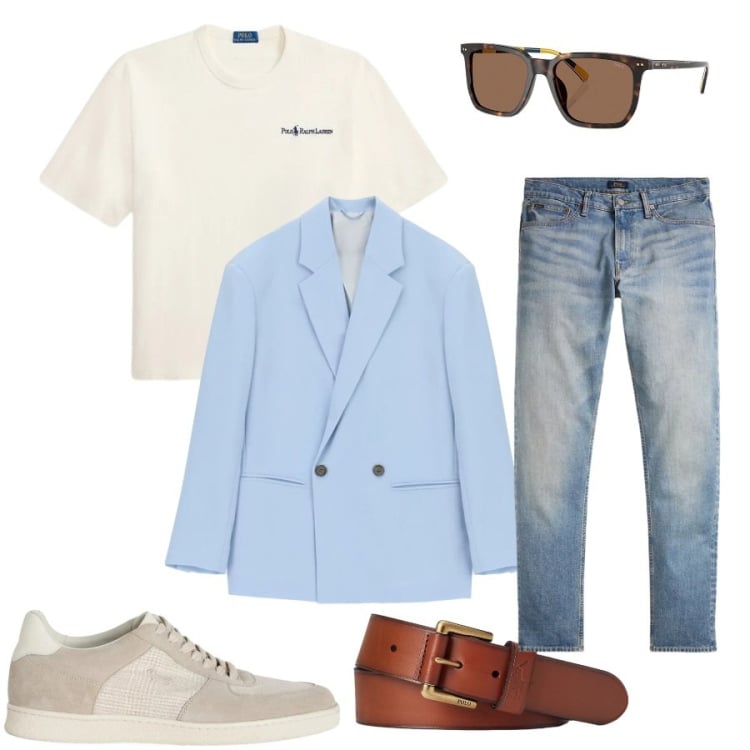Outfit uomo - Total look #2414960. Stile Urban per Tutti i giorni. Abbinamento con giacche, sneakers, t-shirt, jeans, cinture, occhiali da sole.