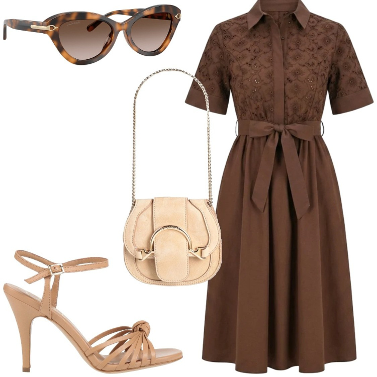 Outfit donna - Eleganza Chemisier e Accenti Cat-Eye. Stile Bon Ton per Serata fuori. Abbinamento con marsupi, sandali in pelle, vestiti chemisier, occhiali da sole.