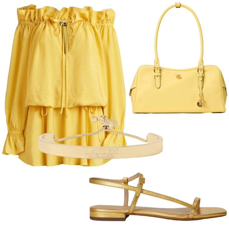 Outfit donna - Sandalo oro. Stile Chic per Serata fuori. Abbinamento con vestiti, borse a mano, sandali in pelle, braccialetti.