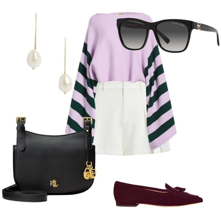 Outfit donna - Una giornata fashion. Stile Trendy per Serata fuori. Abbinamento con pullovers, ballerine, borse a tracolla, minigonne, orecchini, occhiali da sole.