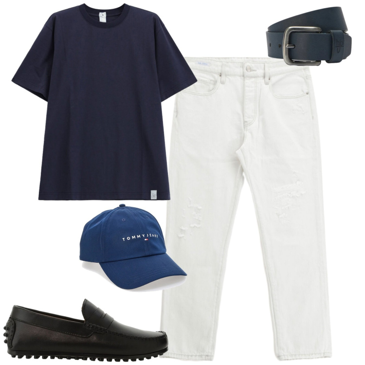 Outfit uomo - Giugno. Stile Casual per Tutti i giorni. Abbinamento con jeans dritti, scarpe stringate, t-shirt, cinture, cappelli con visiera.