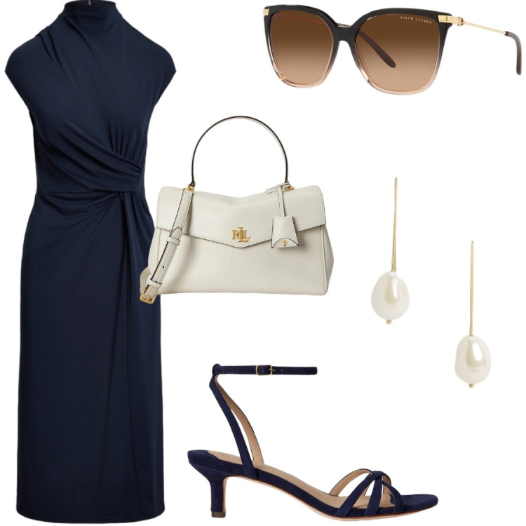 Outfit donna - Retrò in Blu Navy e Perle. Stile Bon Ton per Cerimonia. Abbinamento con occhiali da sole, vestiti a tubino, sandali col tacco, borse a mano, orecchini.