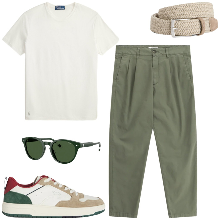 Outfit uomo - Giugno. Stile Urban per Tutti i giorni. Abbinamento con pantaloni, cinture, sneakers, t-shirt, occhiali da sole.