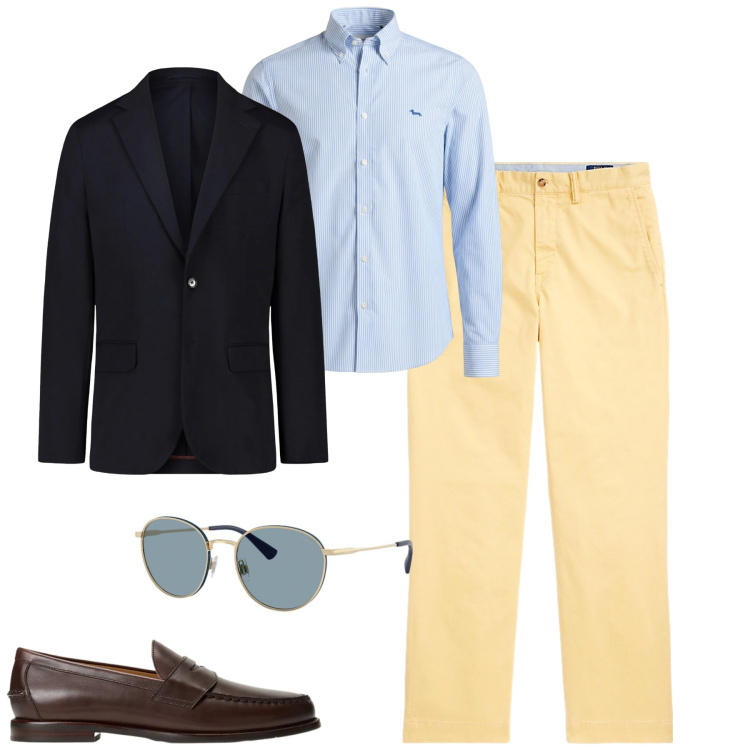 Outfit uomo - Raffinato e versatile. Stile Business/Elegante per Tutti i giorni. Abbinamento con camicie, giacche, pantaloni, scarpe stringate, occhiali da sole.