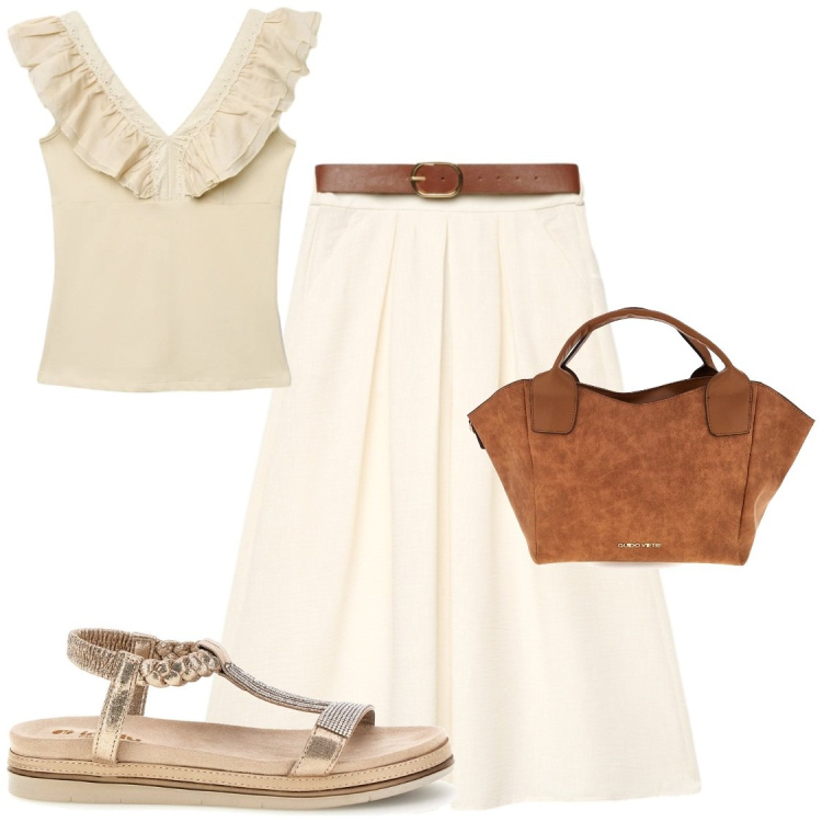 Outfit donna - Al tramonto, note bianche. Stile Chic per Serata fuori. Abbinamento con gonne lunghe, canottiere, sandali, borse a mano.