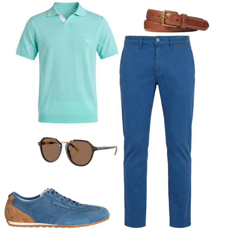 Outfit uomo - Giugno. Stile Urban per Tutti i giorni. Abbinamento con pantaloni, polo, sneakers, cinture, occhiali da sole.
