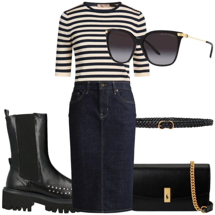 Outfit donna - Una cena elegante. Stile Chic per Serata fuori. Abbinamento con stivaletti chelsea, pullovers, cinture, occhiali da sole, clutch, gonne.
