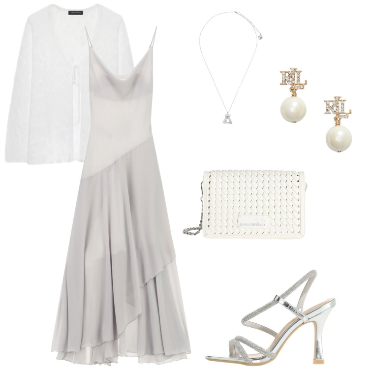 Outfit donna - La sera a cena lungomare. Stile Casual chic per Serata fuori. Abbinamento con vestiti lunghi, sandali col tacco, borse a tracolla, ciondoli, cardigans, orecchini.