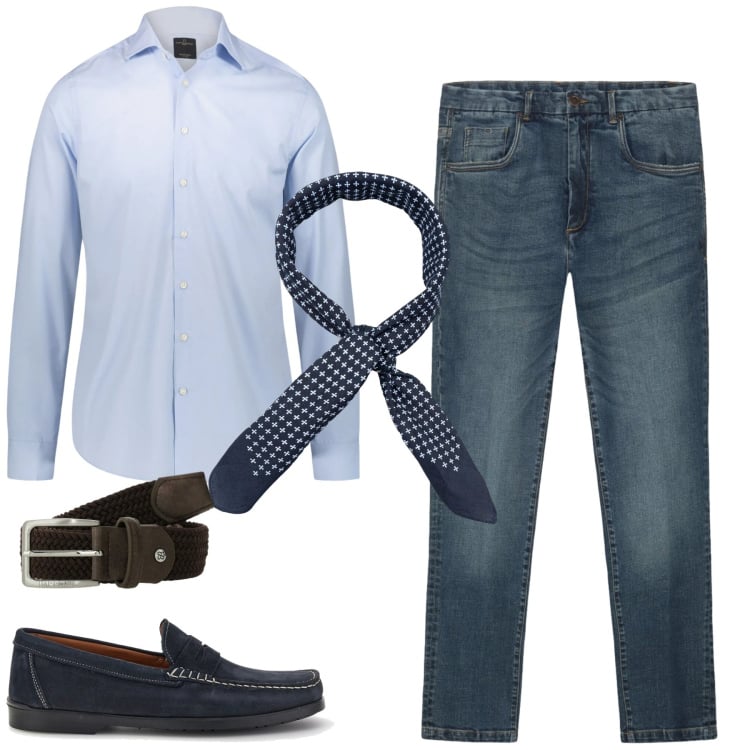 Outfit uomo - In ufficio. Stile Urban per Ufficio. Abbinamento con cinture, camicie, jeans, sciarpe e foulard, scarpe stringate.