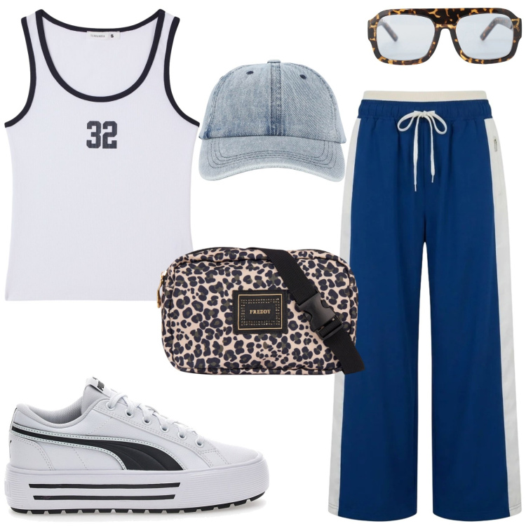Outfit donna - Sportiva Terranova. Stile Casual per Tutti i giorni. Abbinamento con pantaloni, cappelli con visiera, canottiere, occhiali da sole, marsupi, sneakers.