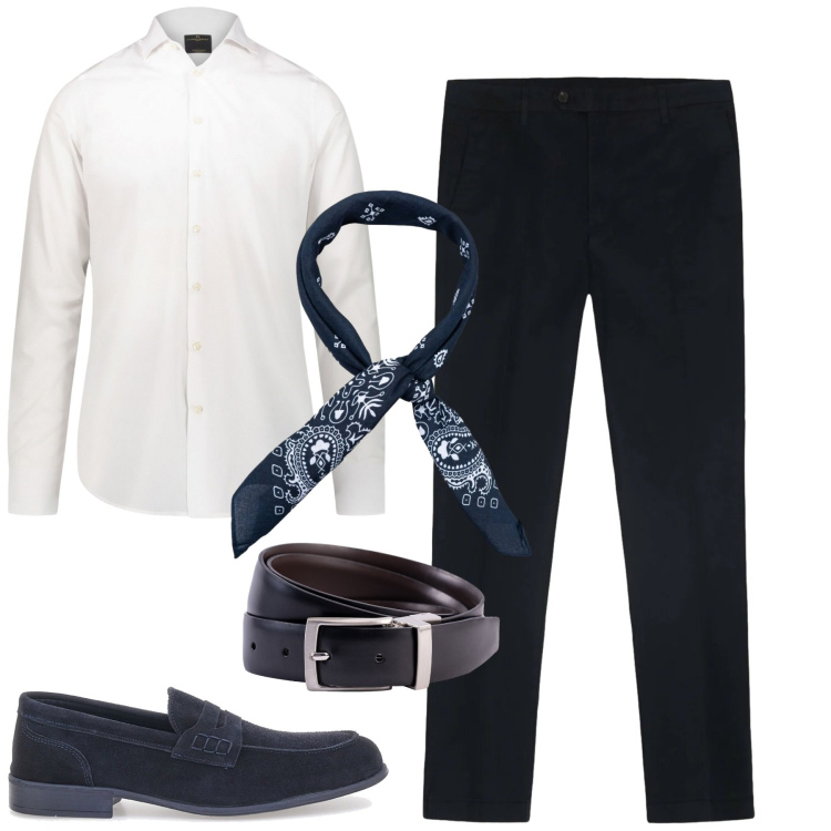 Outfit uomo - In ufficio. Stile Business/Elegante per Ufficio. Abbinamento con pantaloni, camicie, cinture, sciarpe e foulard, scarpe stringate.
