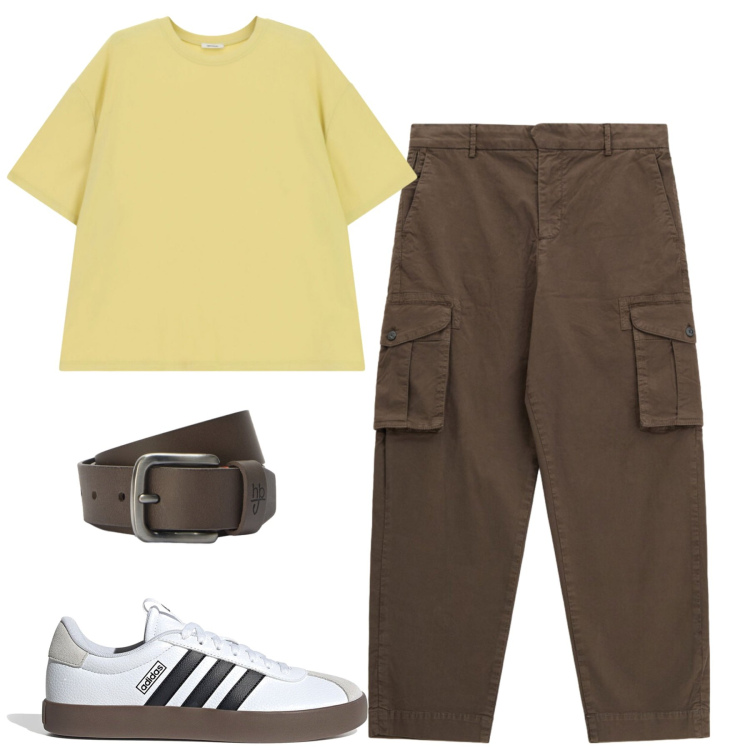 Outfit uomo - Giugno. Stile Casual per Tutti i giorni. Abbinamento con t-shirt, pantaloni cargo, cinture, sneakers.