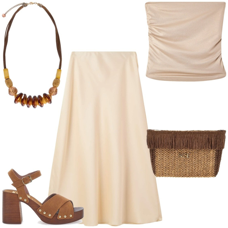 Outfit donna - Tramonti romantici. Stile Romantica per Serata fuori. Abbinamento con gonne lunghe, top, collane, sandali col tacco, pochette.
