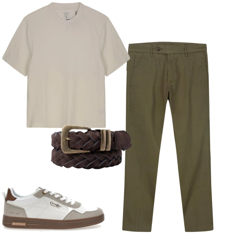 Outfit uomo - Giugno. Stile Urban per Tutti i giorni. Abbinamento con pantaloni chino, t-shirt, cinture, sneakers.