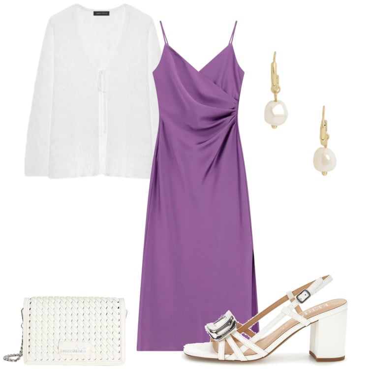 Outfit donna - Prime sere d\'estate. Stile Casual chic per Serata fuori. Abbinamento con vestiti midi/longuette, borse a tracolla, cardigans, orecchini, sandali in pelle.