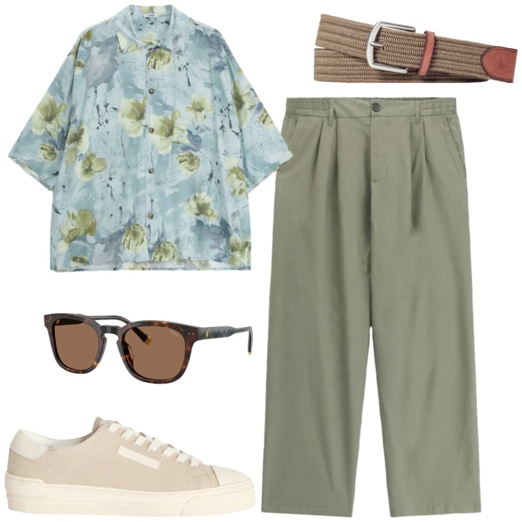 Outfit uomo - Total look #2414988. Stile Trendy per Tutti i giorni. Abbinamento con pantaloni, camicie a manica corta, sneakers, cinture, occhiali da sole.