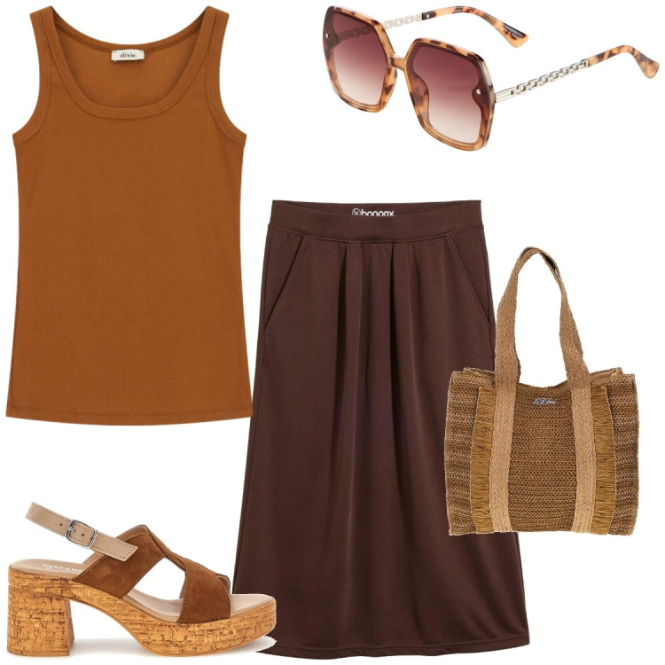 Outfit donna - Minimal ma con racco. Stile Chic per Tutti i giorni. Abbinamento con occhiali da sole, gonne, top, borse a spalla, sandali in pelle.