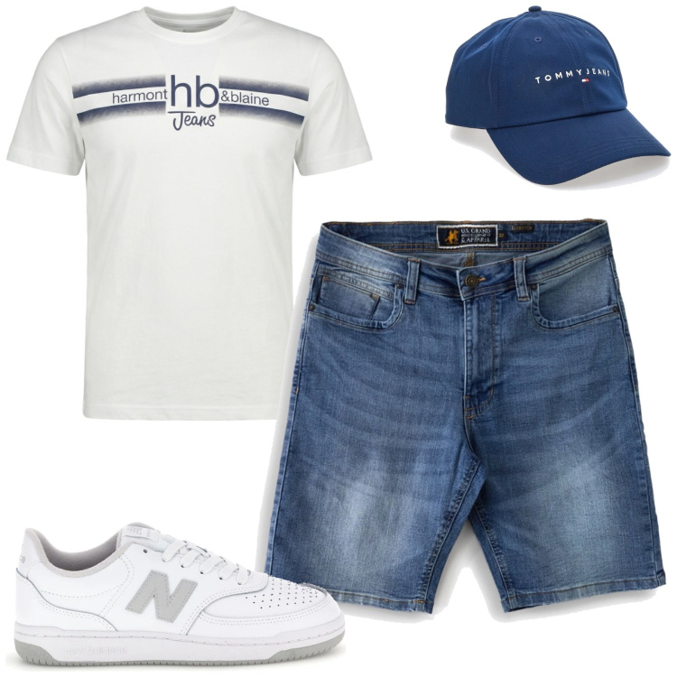 Outfit uomo - Giugno. Stile Casual per Tutti i giorni. Abbinamento con t-shirt, cappelli con visiera, sneakers, bermuda.