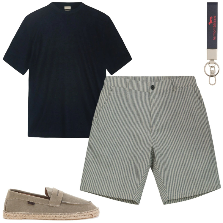 Outfit uomo - Rigatino. Stile Casual per Tutti i giorni. Abbinamento con portachiavi, bermuda, t-shirt, espadrillas.