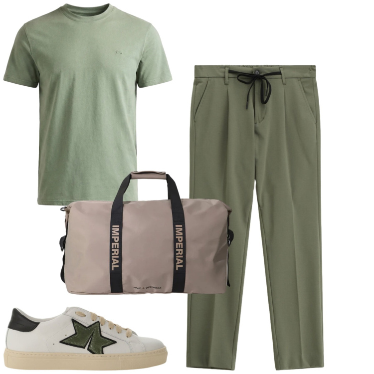 Outfit uomo - Giugno. Stile Casual per Tutti i giorni. Abbinamento con sneakers, borse sportive, pantaloni, t-shirt.