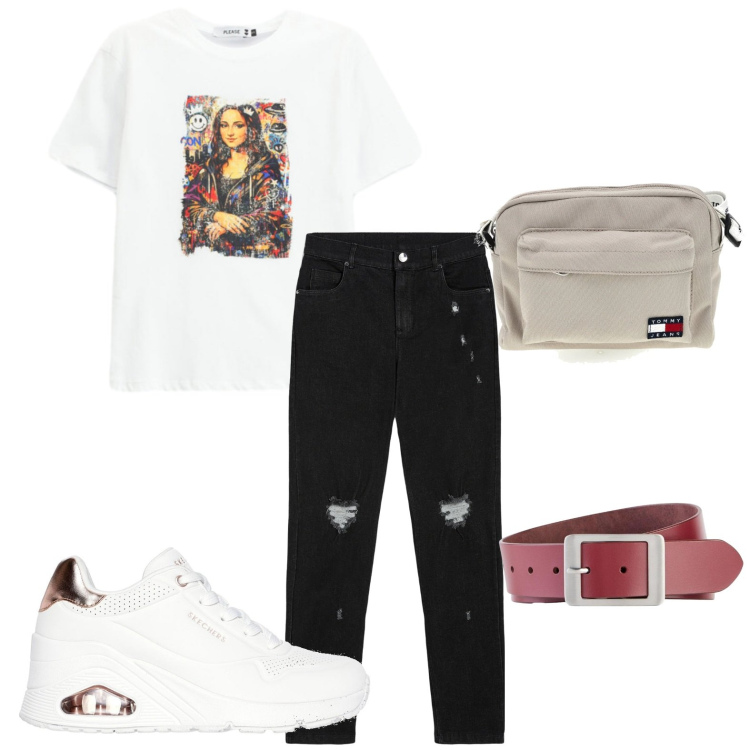 Outfit donna - Sportwearing. Stile Casual per Tutti i giorni. Abbinamento con cinture, t-shirt, jeans skinny, sneakers alte, borse a tracolla.