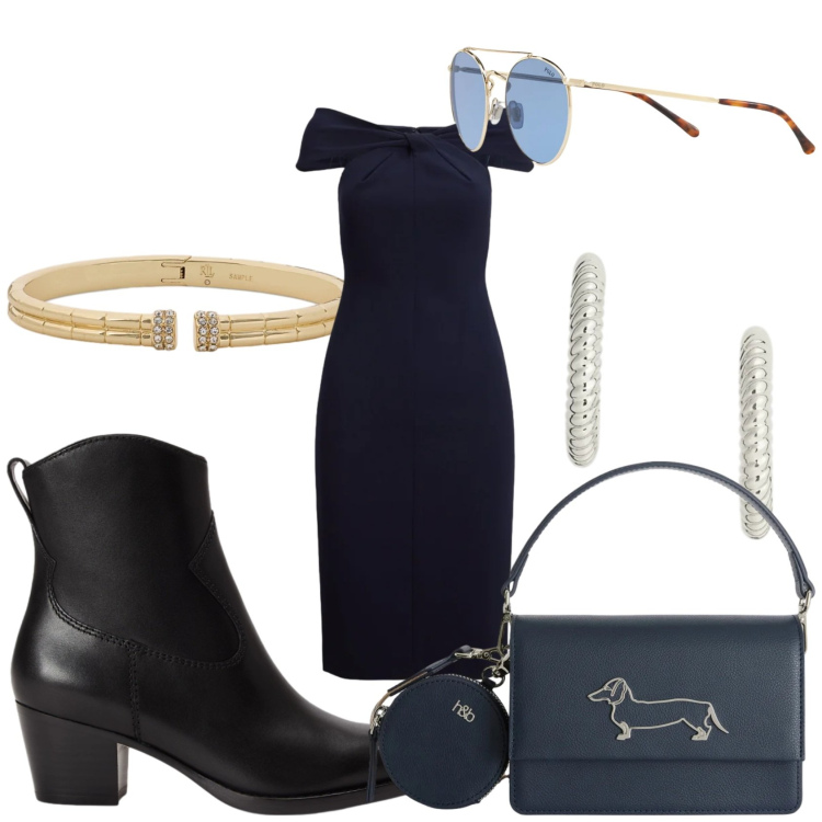 Outfit donna - Un aperitivo in riva al mare. Stile Chic per Serata fuori. Abbinamento con borse a tracolla, orecchini, vestiti, braccialetti, stivaletti chelsea, occhiali da sole.