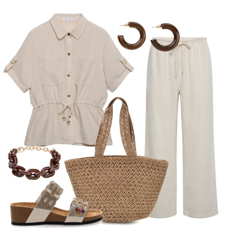 Outfit donna - Safari mood. Stile Basic per Tutti i giorni. Abbinamento con braccialetti, orecchini, camicie a manica corta, pantaloni, borse a spalla, zeppe.