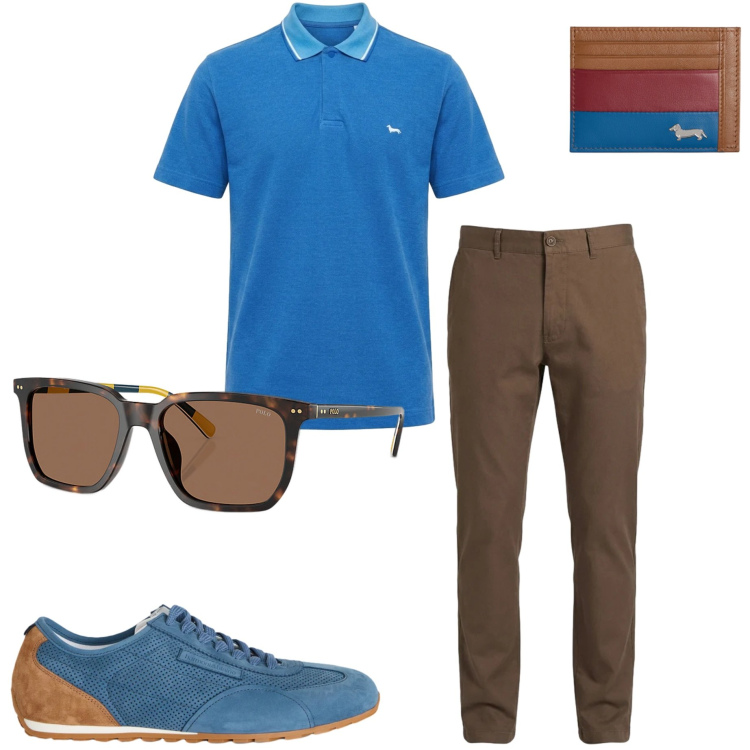 Outfit uomo - Colori mediterranei. Stile Casual per Tutti i giorni. Abbinamento con portafogli, pantaloni, sneakers, polo, occhiali da sole.