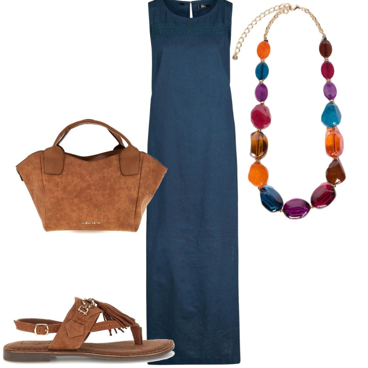 Outfit donna - Vestito lungo in lino. Stile Chic per Serata fuori. Abbinamento con vestiti lunghi, collane, borse a mano, sandali.