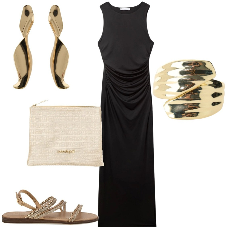 Outfit donna - Oro su black. Stile Glamour per Serata fuori. Abbinamento con vestiti lunghi, anelli, orecchini, sandali, pochette.