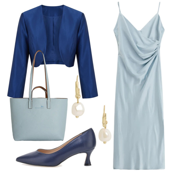 Outfit donna - Total look #2415005. Stile Chic per Cerimonia. Abbinamento con bolero, vestiti midi/longuette, shopping bag, orecchini, décolleté.