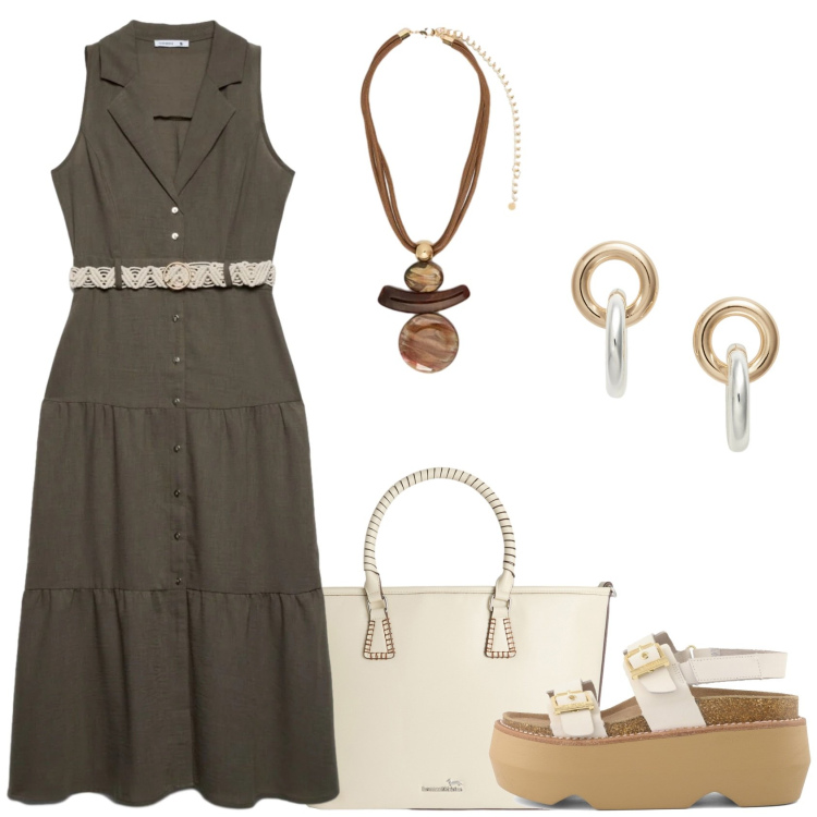 Outfit donna - Primi giorni d\'estate. Stile Casual per Tutti i giorni. Abbinamento con vestiti chemisier, shopping bag, ciondoli, orecchini, zeppe.