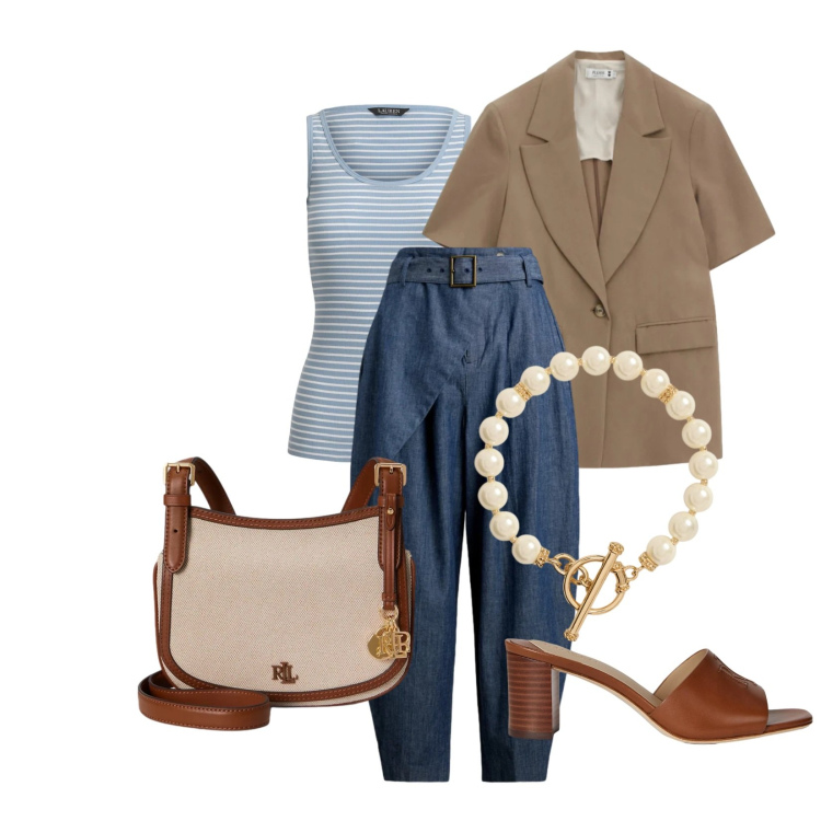 Outfit donna - Total look #2415008. Stile Casual per Serata fuori. Abbinamento con blazer, sandali in pelle, borse a tracolla, collane, canottiere, pantaloni.