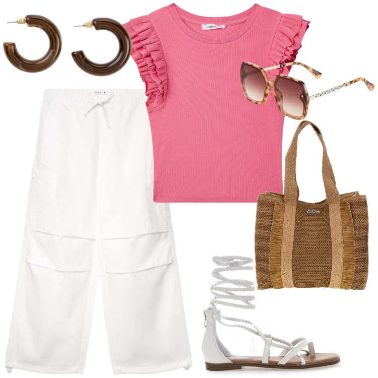 Outfit donna - Lino. per Tutti i giorni. Abbinamento con occhiali da sole, orecchini, t-shirt, pantaloni cargo, sandali alla schiava, borse a spalla.