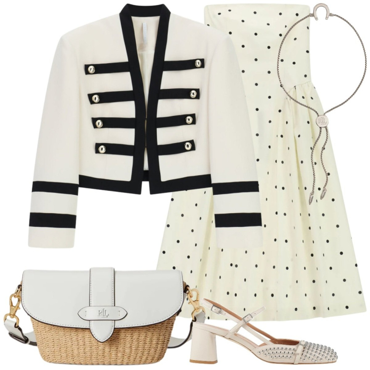 Outfit donna - Vacanze romane. Stile Glamour per Serata fuori. Abbinamento con décolleté, vestiti midi/longuette, blazer, braccialetti con ciondoli, borse a spalla.