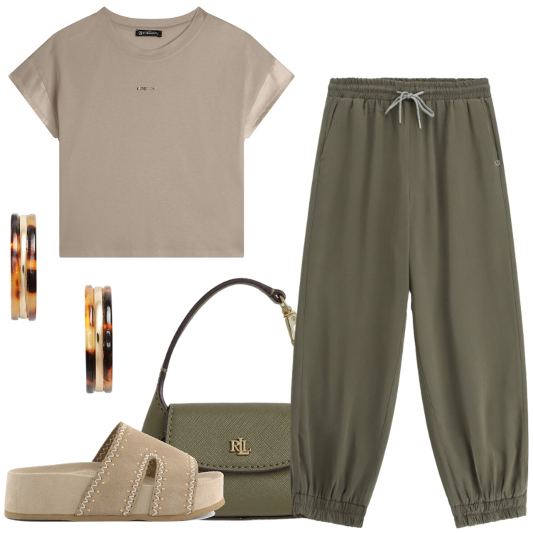 Outfit donna - Giorni d\'esame. Stile Sporty chic per Scuola/Università. Abbinamento con pantaloni, t-shirt, orecchini, borse a mano, zeppe.