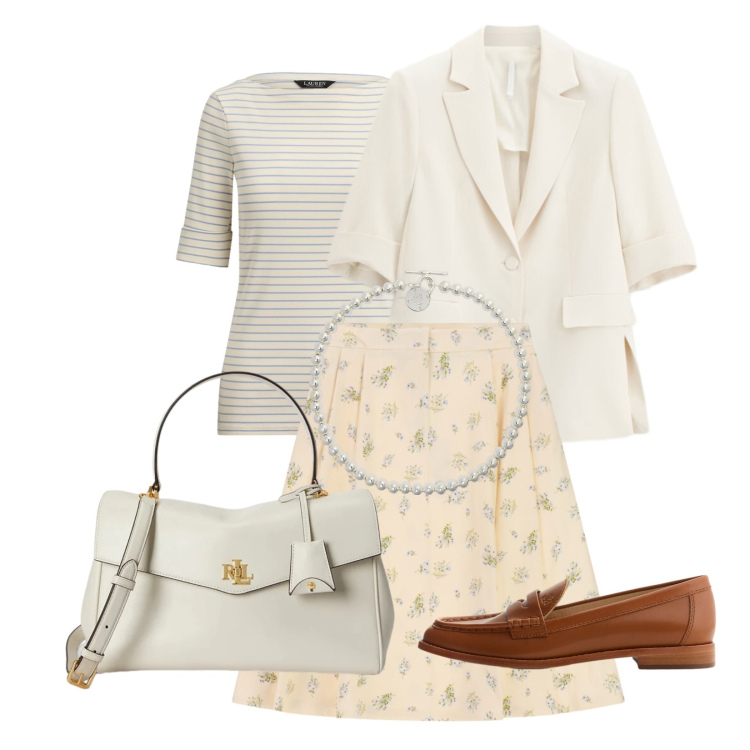 Outfit donna - Total look #2415014. Stile Casual per Serata fuori. Abbinamento con gonne longuette, blazer, t-shirt, collane, borse a mano, mocassini.