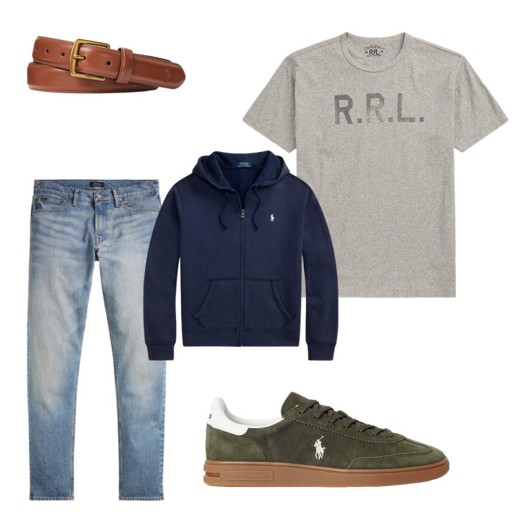 Outfit uomo - A Ralph look. Stile Casual per Tutti i giorni. Abbinamento con t-shirt, cinture, sneakers, felpe con cappuccio, jeans.